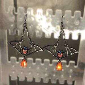 Halloween Bat Earrings Black with Orange Details and Fake Gem Good Condition